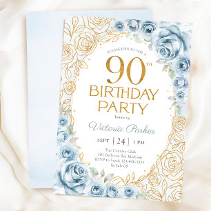 90th Birthday Dusty Blue Gold Floral Feminine Invitation