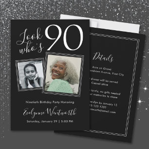 90th Birthday Elegant Black Minimal Script Photos Invitation