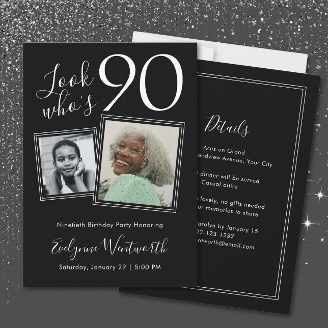 90th Birthday Elegant Black Minimal Script Photos Invitation (Creator Uploaded)