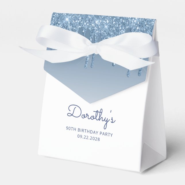 90th Birthday Elegant Blue Glitter Drip Script Favour Box (Front Side)
