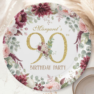 90th Birthday Elegant Burgundy Blush Floral Paper Plate