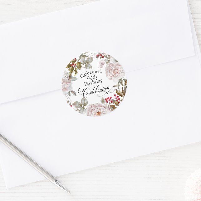 90th Birthday Elegant December Floral Classic Round Sticker (Creator Uploaded)