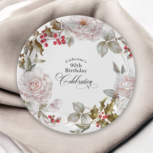 90th Birthday Elegant December Floral Paper Plate (Creator Uploaded)