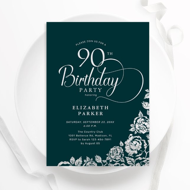90th Birthday Elegant Emerald Green Silver Roses Invitation (Creator Uploaded)