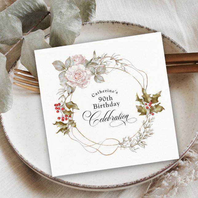 90th Birthday Elegant Feminine Floral December Napkin (Creator Uploaded)