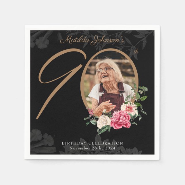 90th Birthday Elegant Floral Black Gold Custom Napkin (Front)