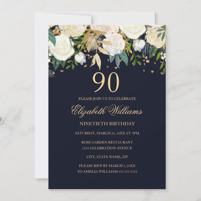90th Birthday Elegant Navy Gold Floral Invitation (Front)