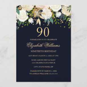 90th Birthday Elegant Navy Gold Floral Invitation