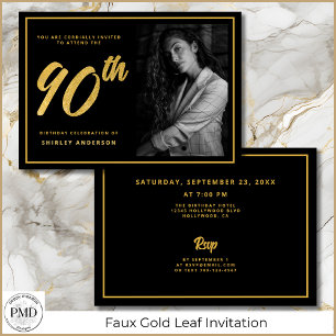 90th Birthday Elegant Photo Black Faux Gold Leaf Invitation