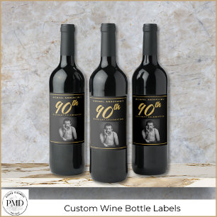90th Birthday Elegant Photo Black Gold Wine Label