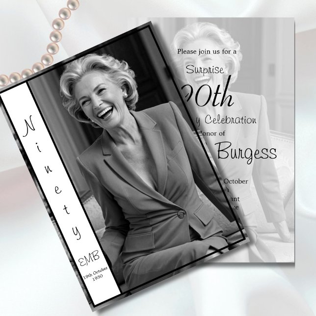 90th Birthday Elegant Photo Monogram Birthday Invitation (Creator Uploaded)