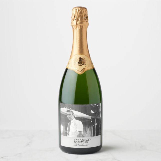 90th Birthday Elegant Photo Monogram Black White Sparkling Wine Label (Front)