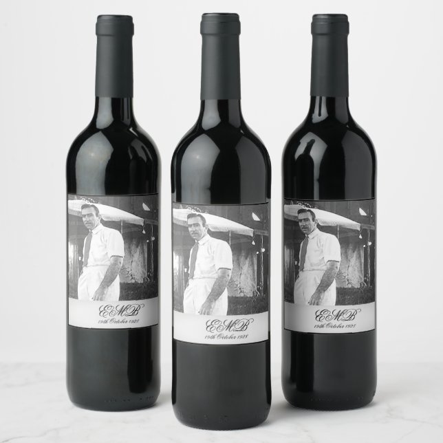 90th Birthday Elegant Photo Monogram Black White Wine Label (Bottles)