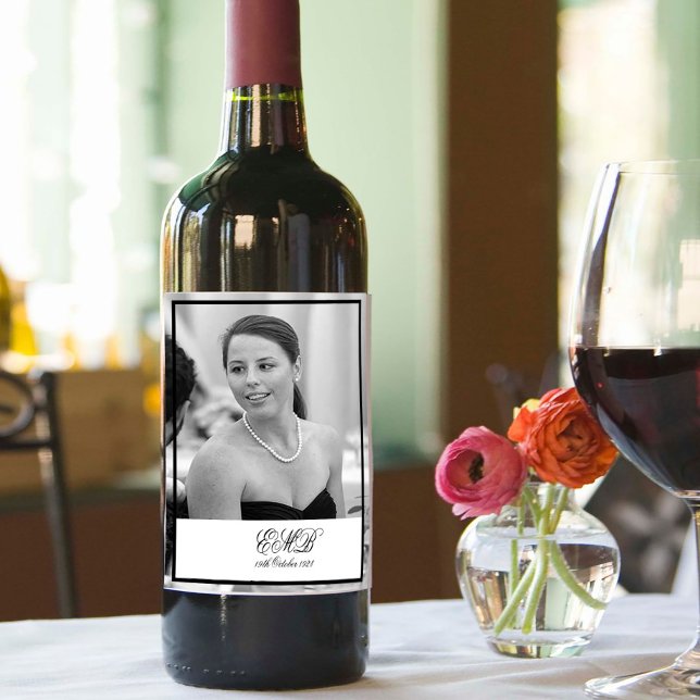90th Birthday Elegant Photo Monogram Black White Wine Label (Creator Uploaded)