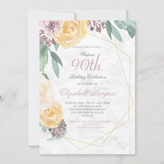 90th Birthday Elegant Pink Marble  Floral Chic Invitation (Front)