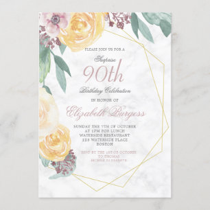 90th Birthday Elegant Pink Marble  Floral Chic Invitation