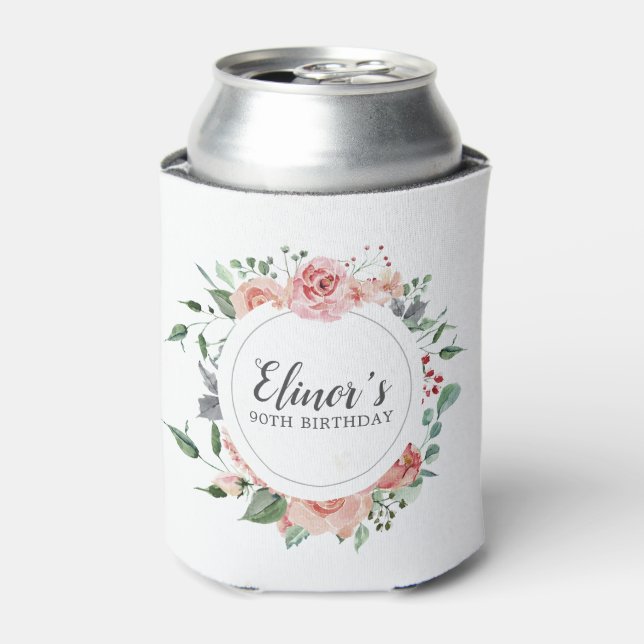 90th Birthday Elegant Pink Rose Floral Can Cooler (Can Front)