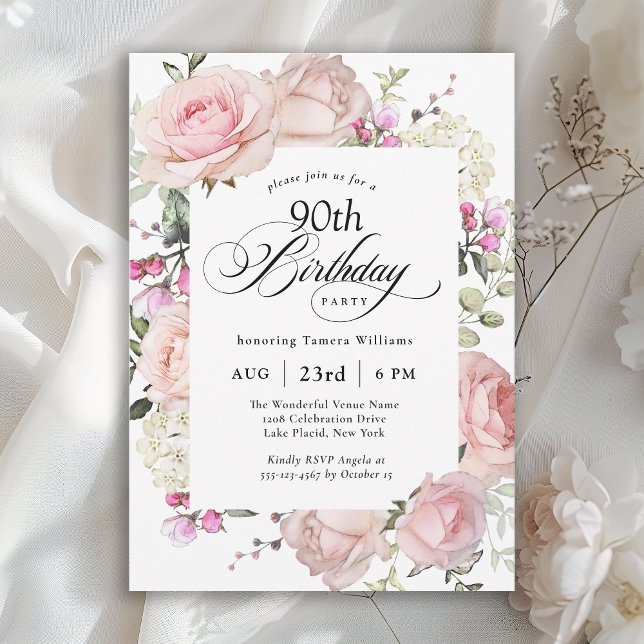 90th Birthday Elegant Pink Roses Calligraphy Invitation (Available in both printed and instant download digital formats.)
