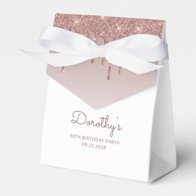 90th Birthday Elegant Rose Gold Glitter Drip Favour Box (Front Side)