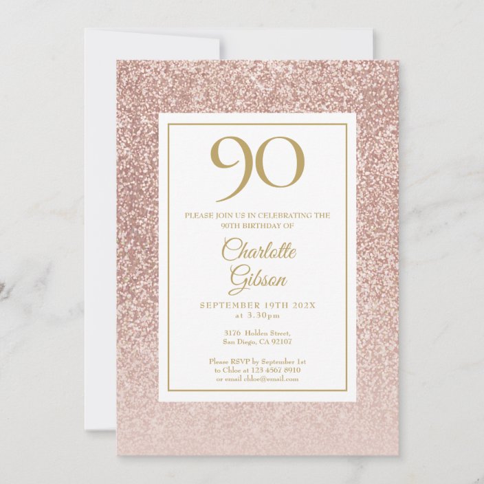 90th Birthday Elegant Rose Gold Glitter Invitation Zazzle.co.uk