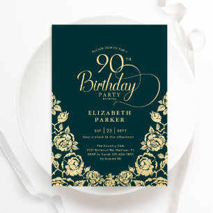 90th Birthday Emerald Green Gold Roses Invitation