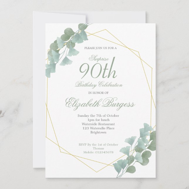 90th Birthday Eucalyptus Chic Geometric Elegant Invitation (Front)