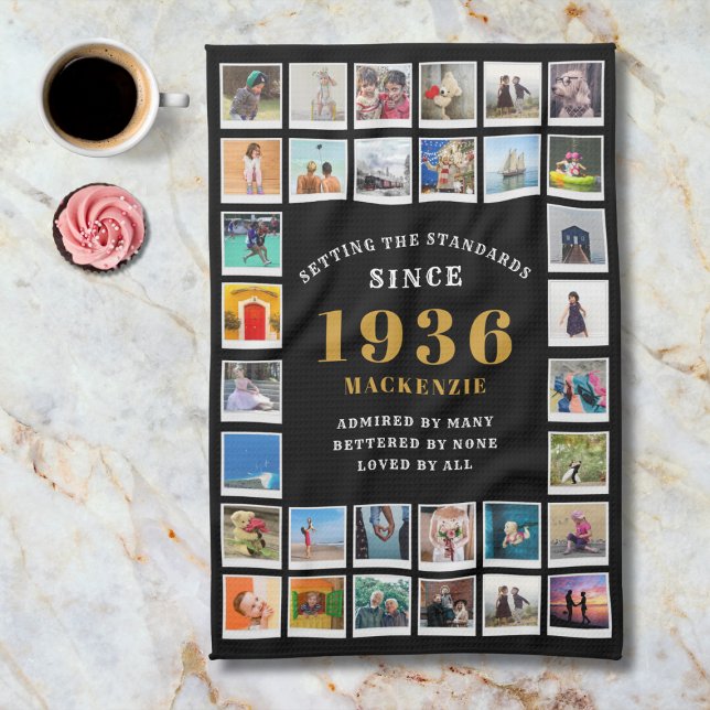 90th Birthday Family Memories Photo Collage  Tea Towel (1936 tea towel. Background marble worktop.)