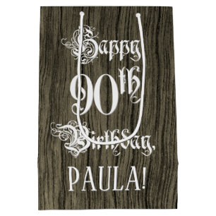 90th Birthday: Fancy, Faux Wood Look + Custom Name Medium Gift Bag