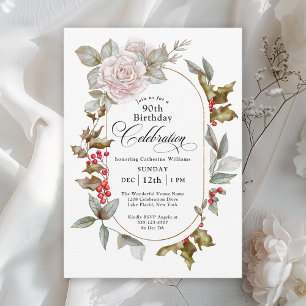 90th Birthday Feminine Floral December Winter Invitation