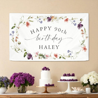 90th Birthday Feminine Wildflowers Floral Banner
