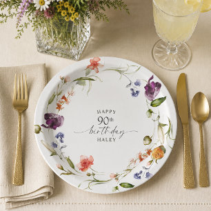 90th Birthday Feminine Wildflowers Floral Paper Plate