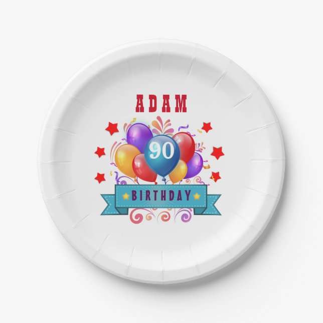 90th Birthday Festive Colourful Balloons C01IZ Paper Plate (Front)