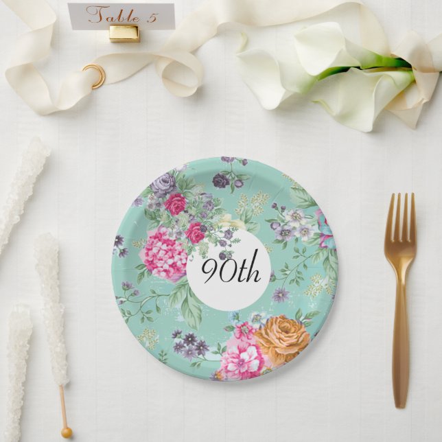 90th Birthday Floral Birthday Blue Paper Plate (Wedding)