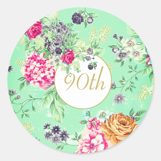 90th Birthday Floral Birthday Green Gold Classic Round Sticker (Front)