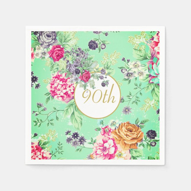 90th Birthday Floral Birthday Green Gold Napkin (Front)