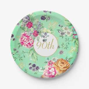 90th Birthday Floral Birthday Green Gold Paper Plate