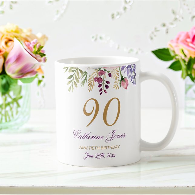 90th Birthday Floral Bouquet Gold Accents Coffee Mug (Creator Uploaded)
