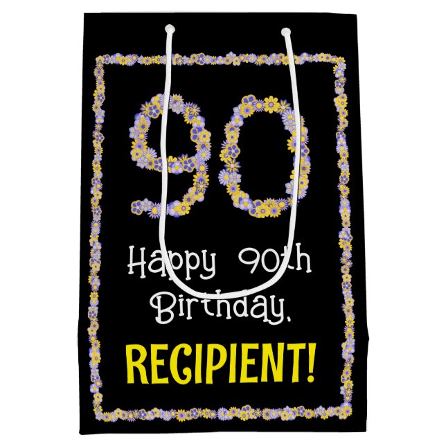 90th Birthday: Floral Flowers Number, Custom Name Medium Gift Bag (Back)