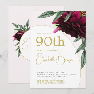 90TH Birthday Floral Gold Monogram Elegant Invitation