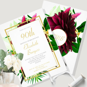 90TH Birthday Floral  Gold White Elegant Birthday Invitation