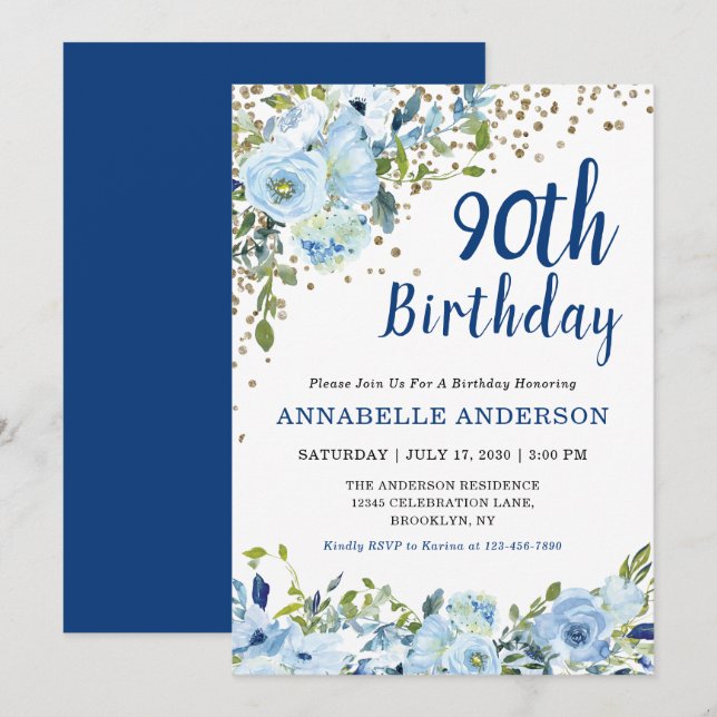90th Birthday Floral Navy Blue Gold Glitter Dots Invitation (Front/Back)
