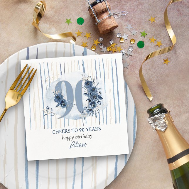 90th Birthday Floral Number Coastal Blue Stripe Napkin (90th Birthday Party Napkins from my Floral Number Birthday Party Collection)