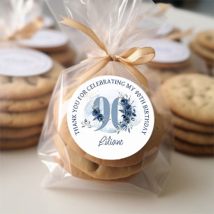 90th Birthday Floral Number Coastal Blue Thank You Classic Round Sticker