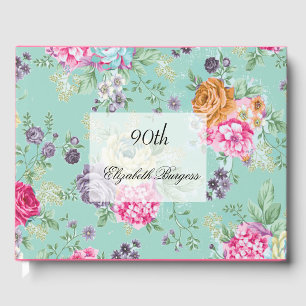 90th Birthday Floral Personal  Monogram Birthday Guest Book