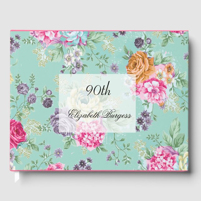90th Birthday Floral Personal  Monogram Birthday Guest Book (Front)
