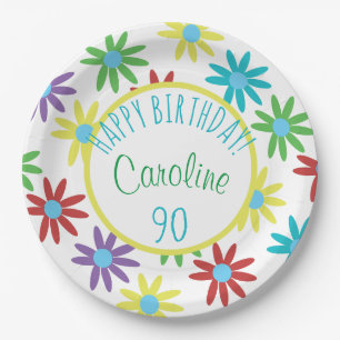 90th Birthday Floral Personalised Paper Plate