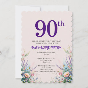 90th Birthday Floral Pink and Purple Invitation
