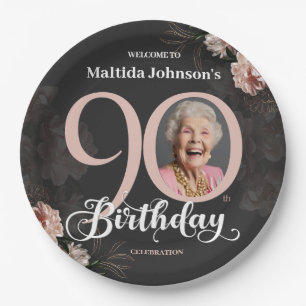 90th Birthday Floral Pink Grey Custom Photo Paper Plate