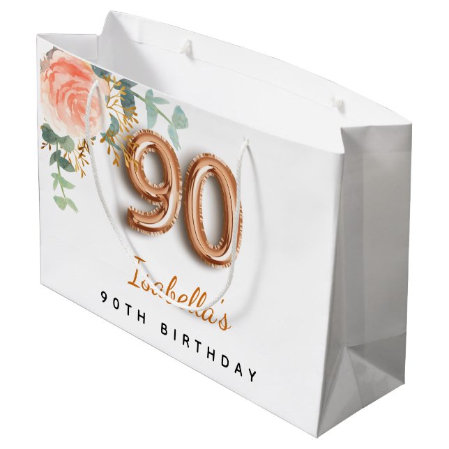 90th birthday floral rose gold eucalyptus birthday large gift bag (Back Angled)