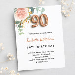 90th birthday floral rose gold eucalyptus greenery invitation postcard<br><div class="desc">An elegant invitation for a 90th birthday party. A chic white background. Decorated with a rose gold and blush pink watercolored rose flower, floral, green eucalyptus leaves, sprigs, greenery and faux gold sprigs. Personalise and the name and party details. Black and golden letters. The name is written with a modern...</div>